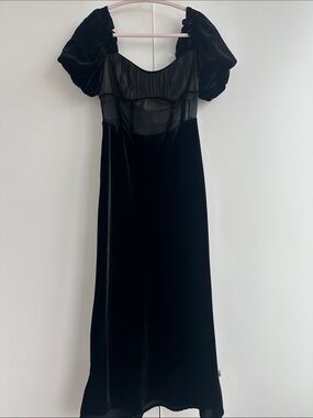 Black Velvet Puff Sleeve Sheer Panel Midi Dress from Anthropologie